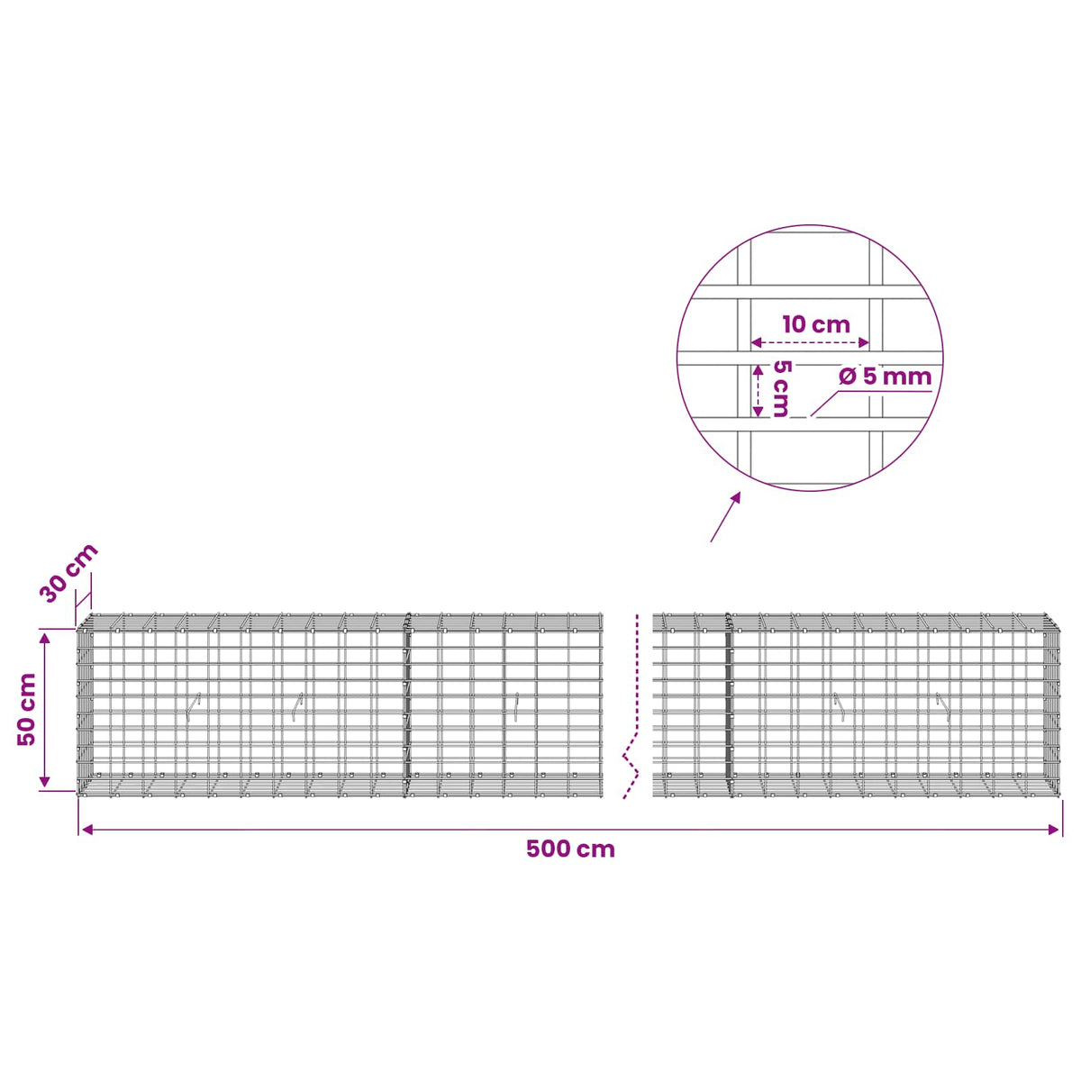 vidaXL Gabion with 5 mm Wire and 5x10 cm Mesh 500x30x50 cm 6
