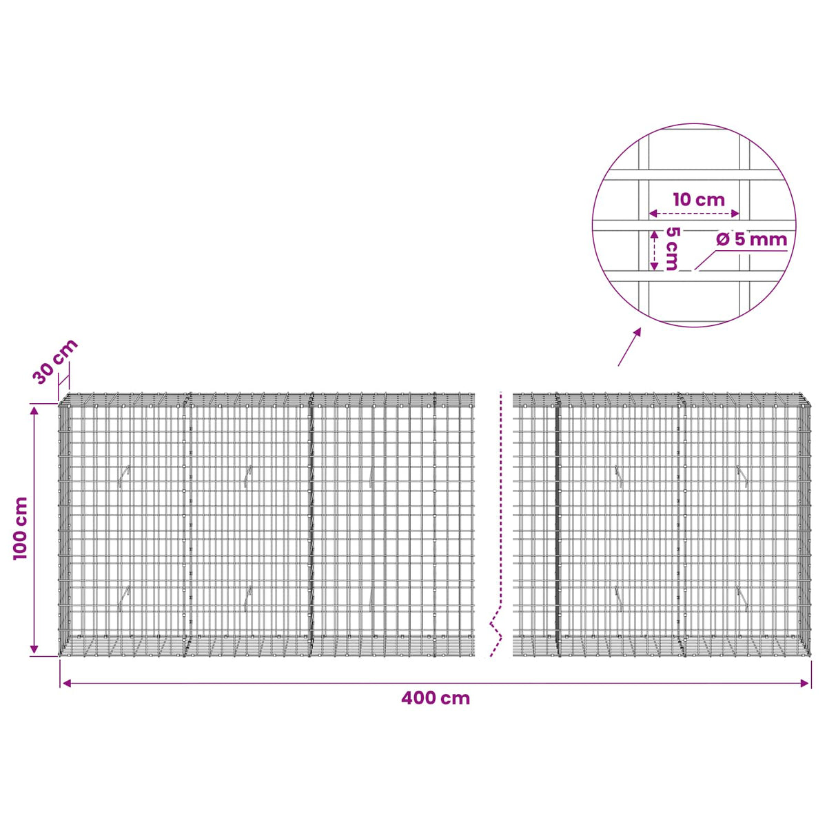 vidaXL Gabion with 5 mm Wire and 5x10 cm Mesh 400x30x100 cm 6