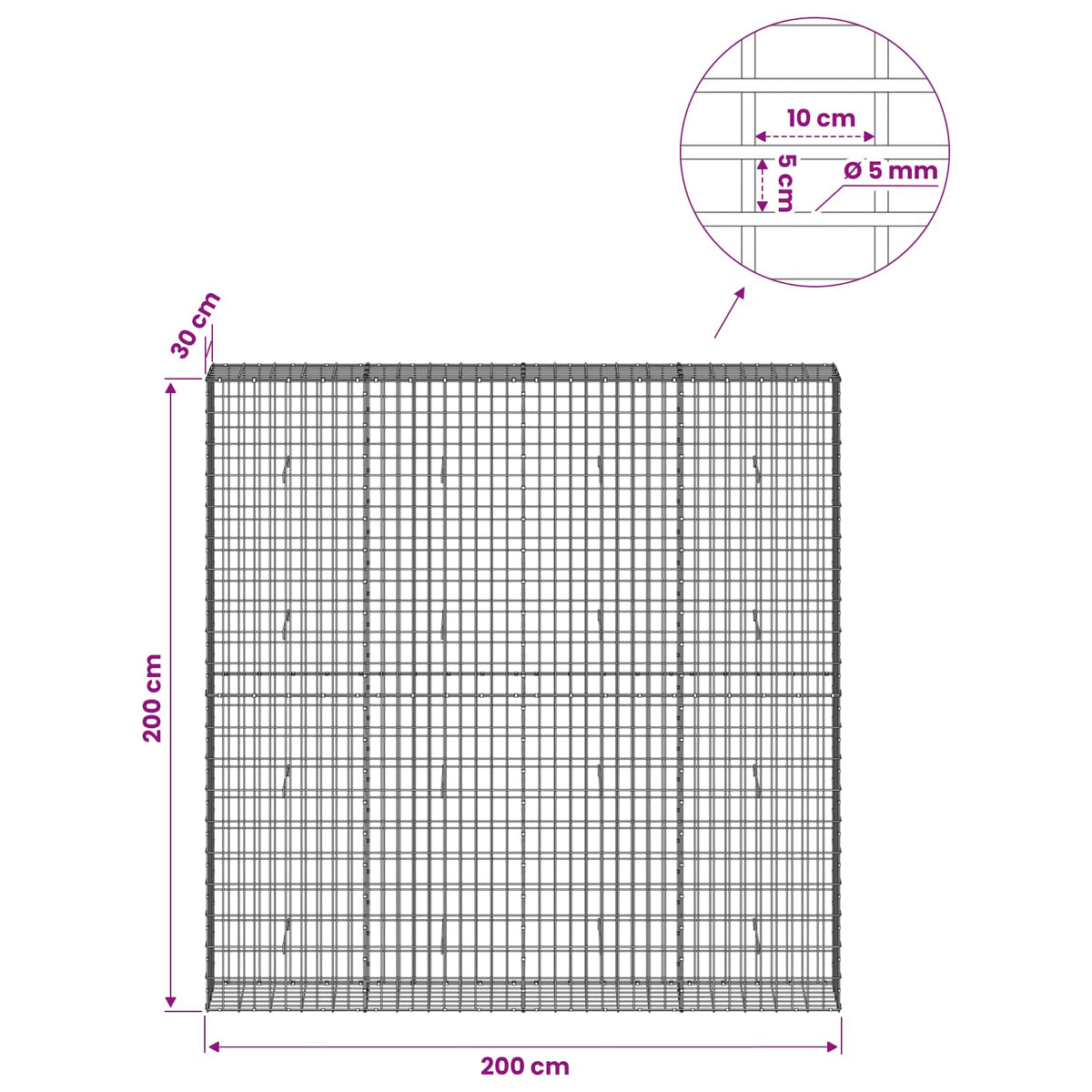 vidaXL Gabion with 5 mm Wire and 5x10 cm Mesh 200x30x200 cm 6