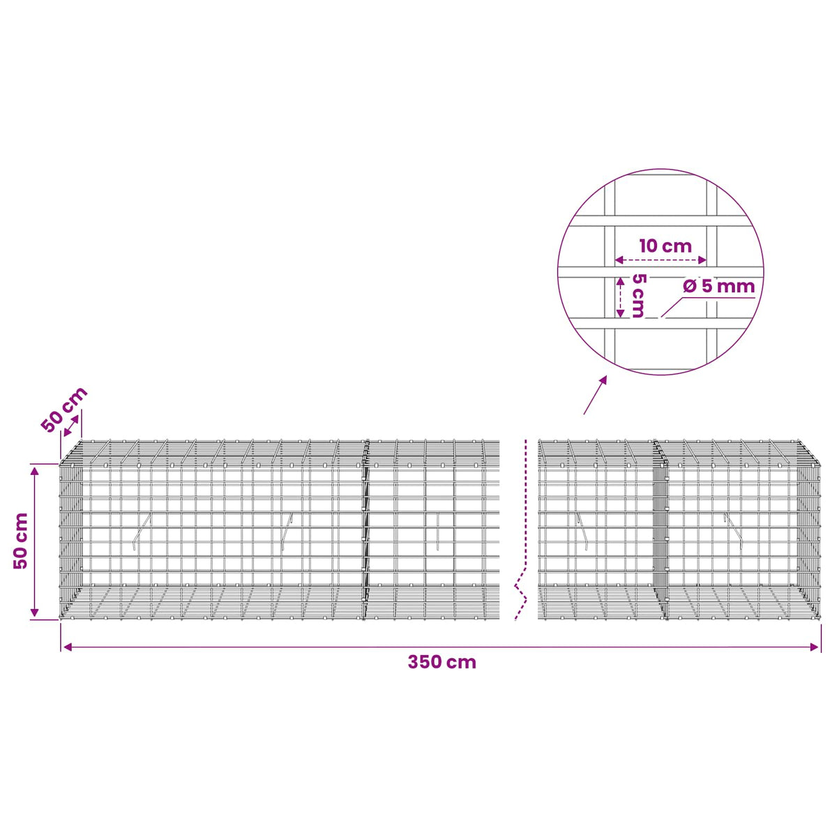 vidaXL Gabion with 5 mm Wire and 5x10 cm Mesh 350x50x50 cm 6
