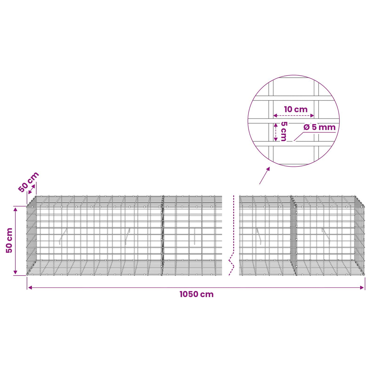 Gabion with 5 mm Wire and 5x10 cm Mesh 1050x50x50 cm 1050 cm