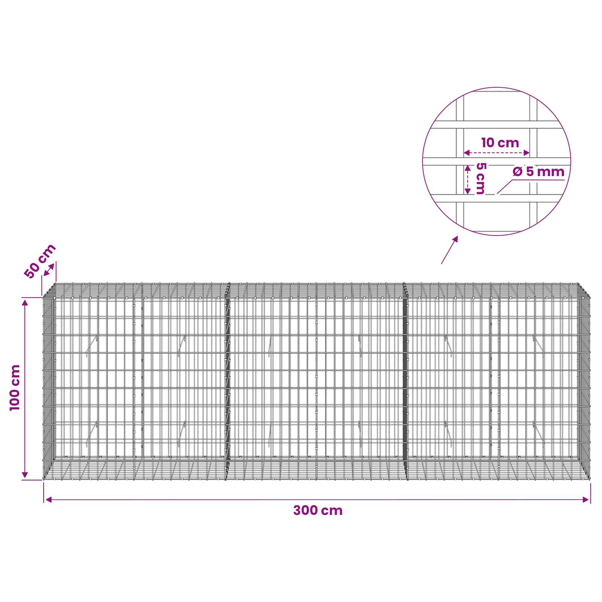 vidaXL Gabion with 5 mm Wire and 5x10 cm Mesh 300x50x100 cm 6