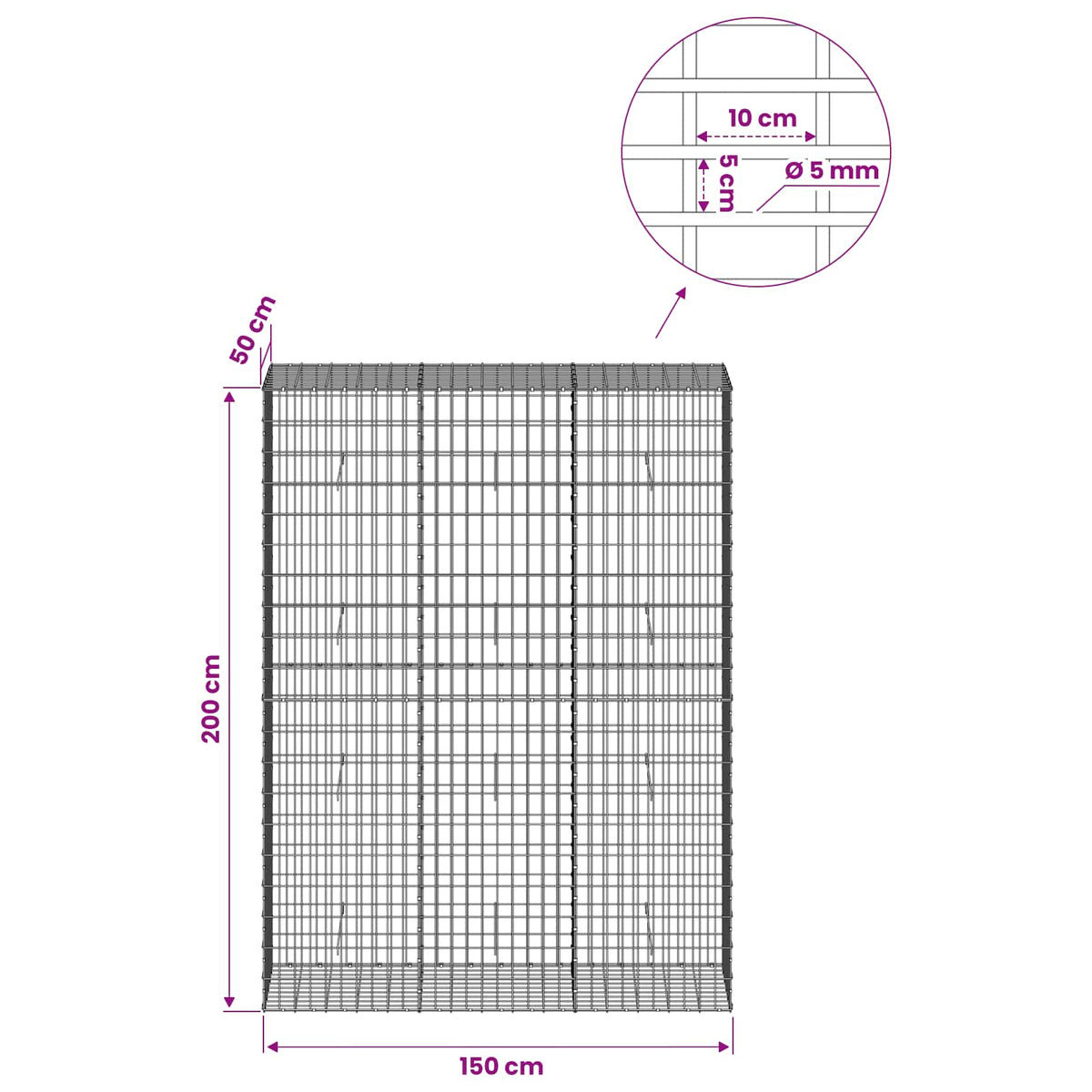 vidaXL Gabion with 5 mm Wire and 5x10 cm Mesh 150x50x200 cm 6