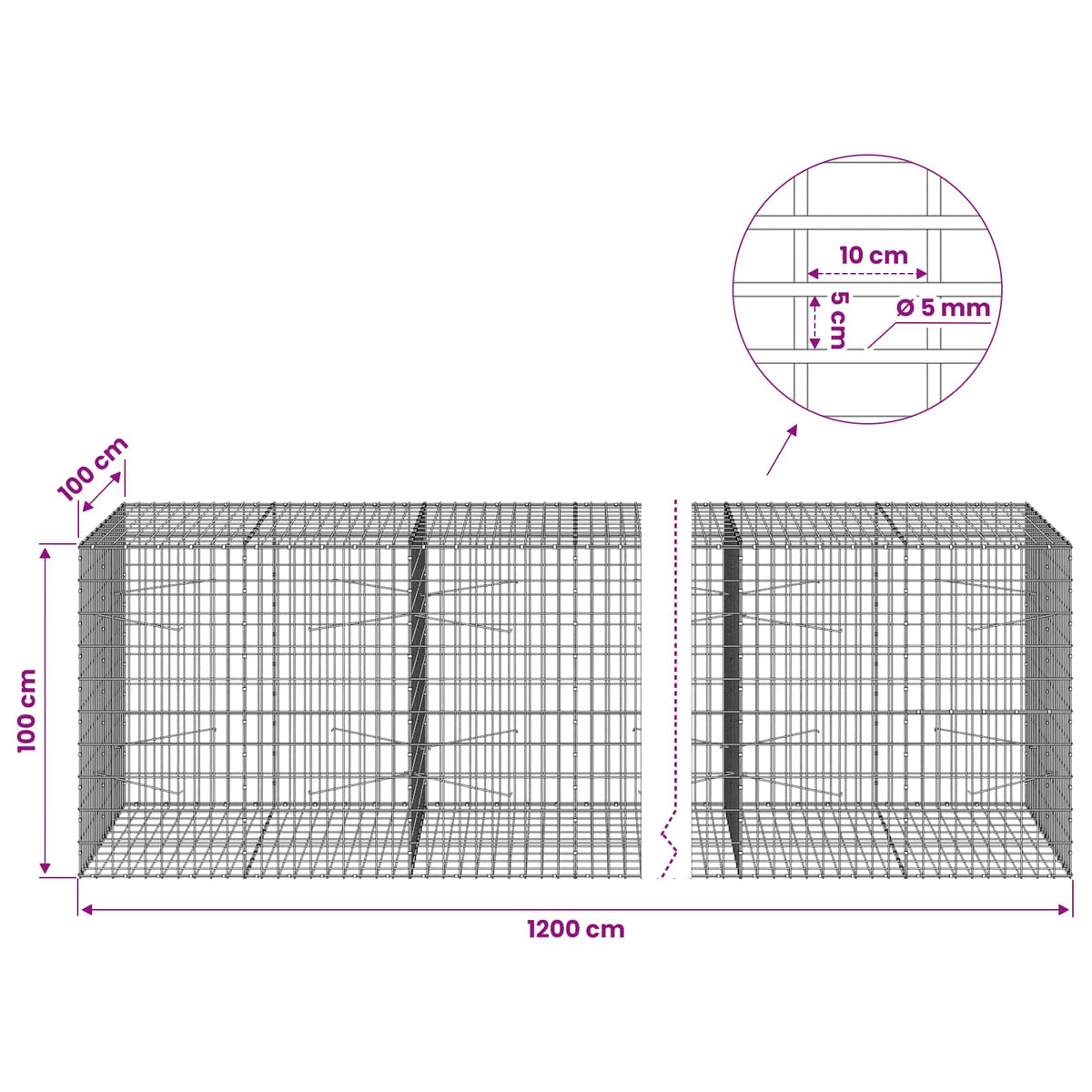 Gabion with 5 mm Wire and 5x10 cm Mesh 1050x100x100 cm 1200 cm