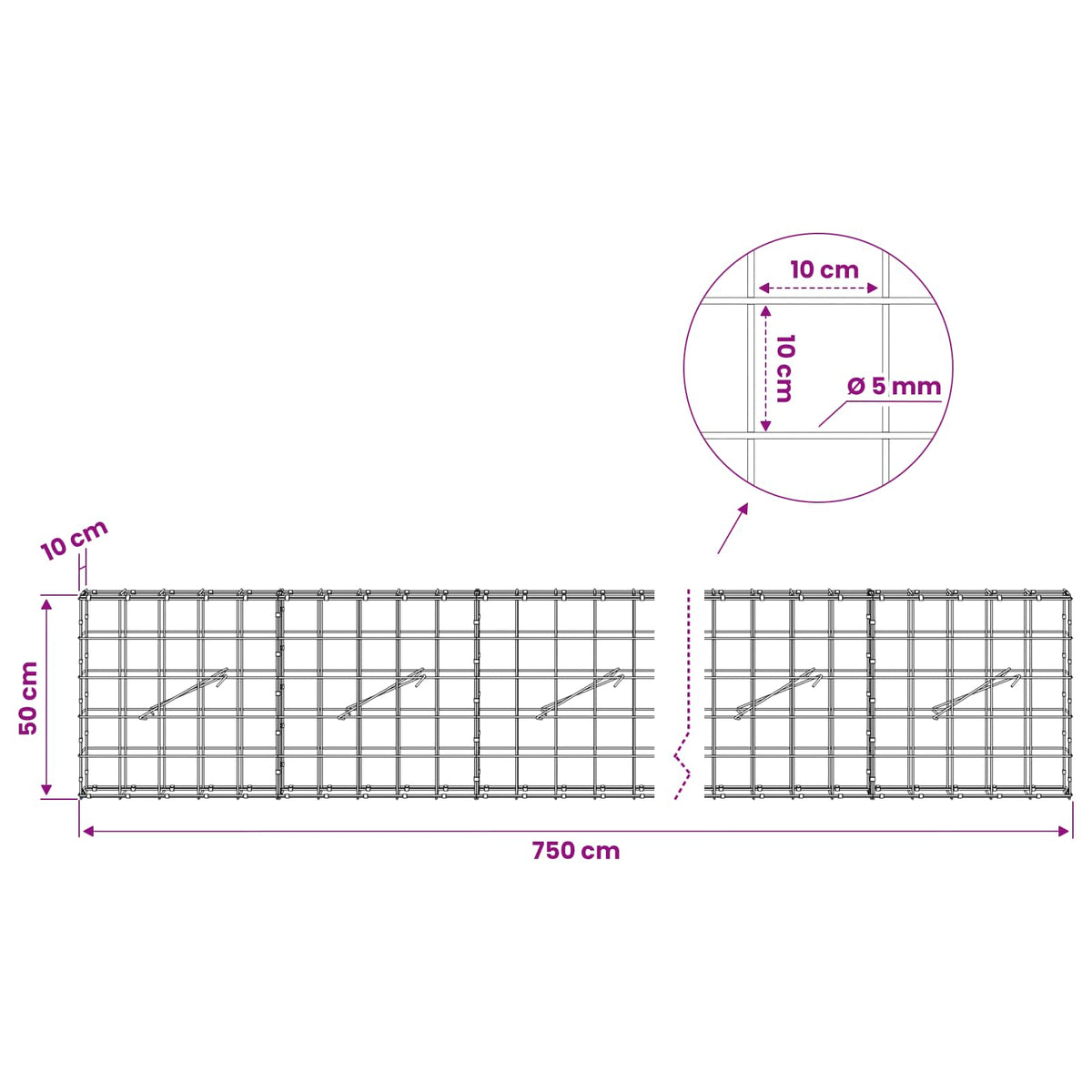 vidaXL Gabion with 5 mm Wire and 10x10 cm Mesh 750x10x50 cm 6