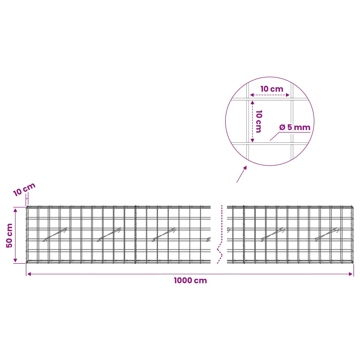 vidaXL Gabion with 5 mm Wire and 10x10 cm Mesh 1000x10x50 cm 6