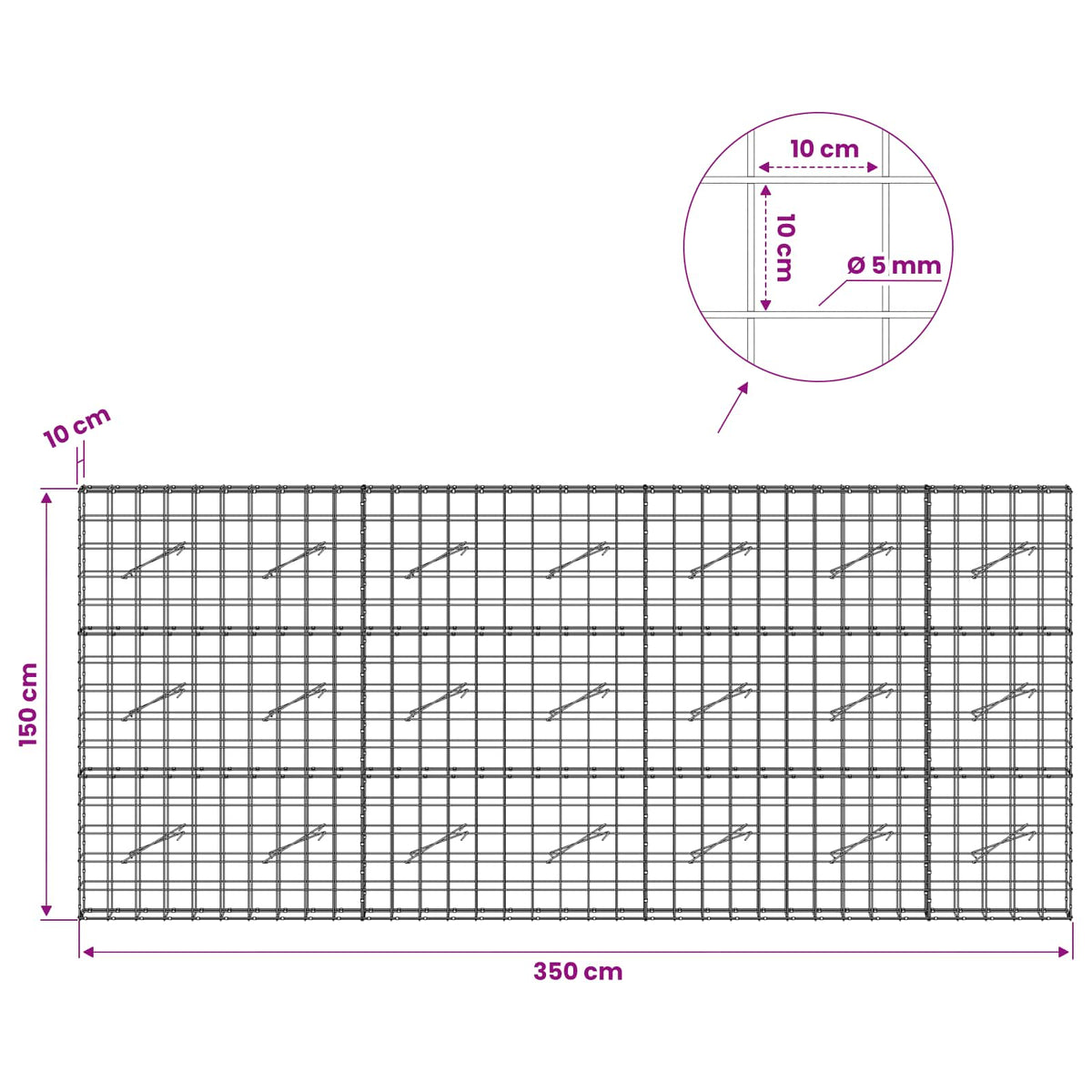 vidaXL Gabion with 5 mm Wire and 10x10 cm Mesh 350x10x150 cm 6