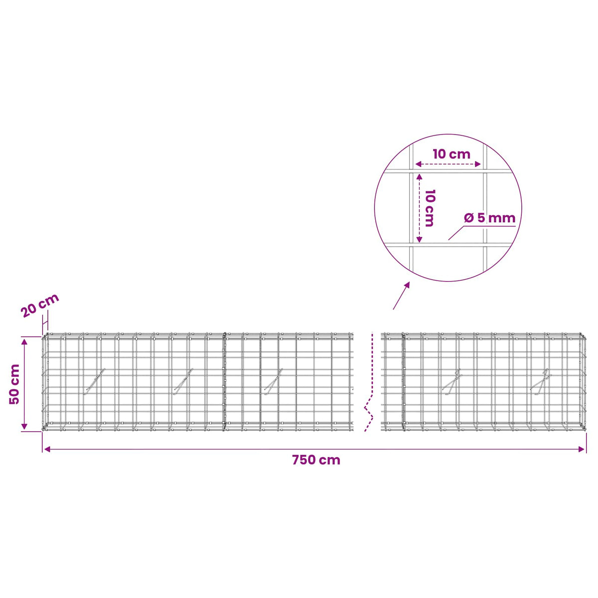 vidaXL Gabion with 5 mm Wire and 10x10 cm Mesh 750x20x50 cm 6