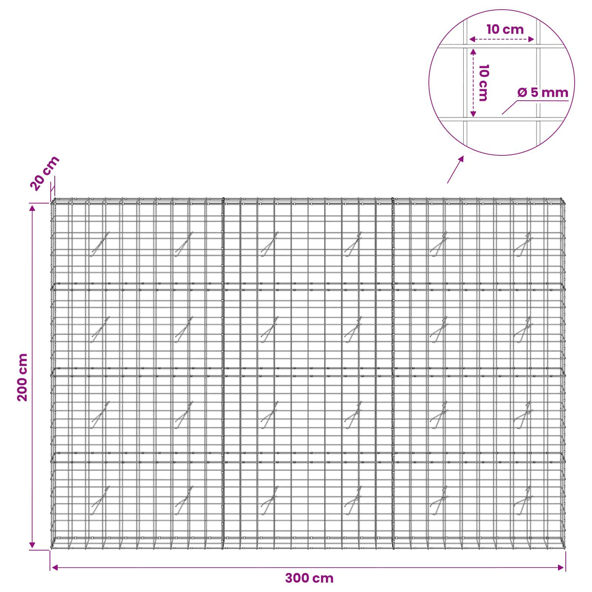 vidaXL Gabion with 5 mm Wire and 10x10 cm Mesh 300x20x200 cm 6