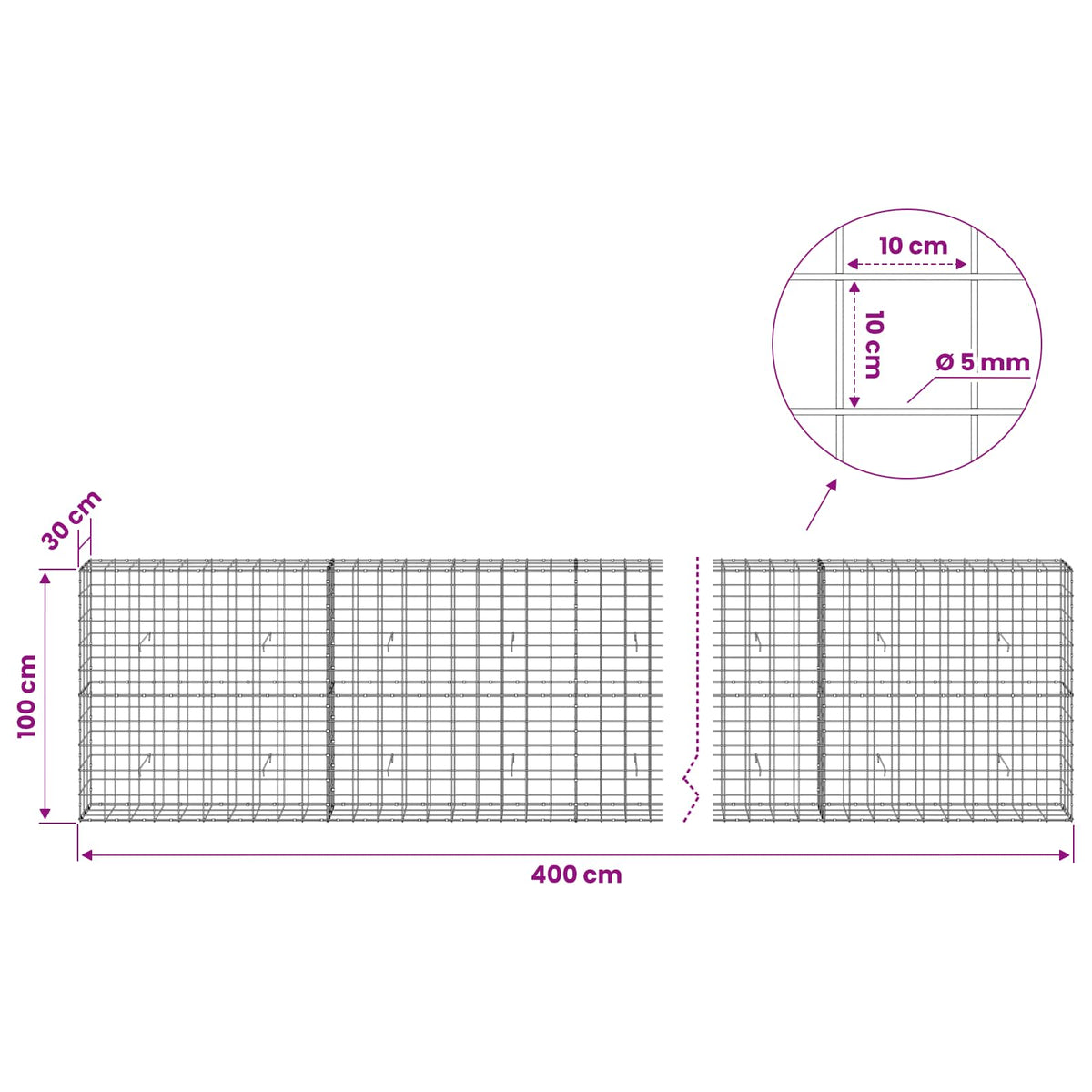vidaXL Gabion with 5 mm Wire and 10x10 cm Mesh 400x30x100 cm 6