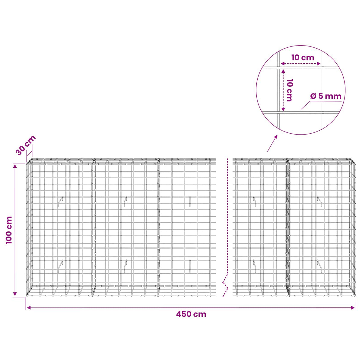 vidaXL Gabion with 5 mm Wire and 10x10 cm Mesh 450x30x100 cm 6