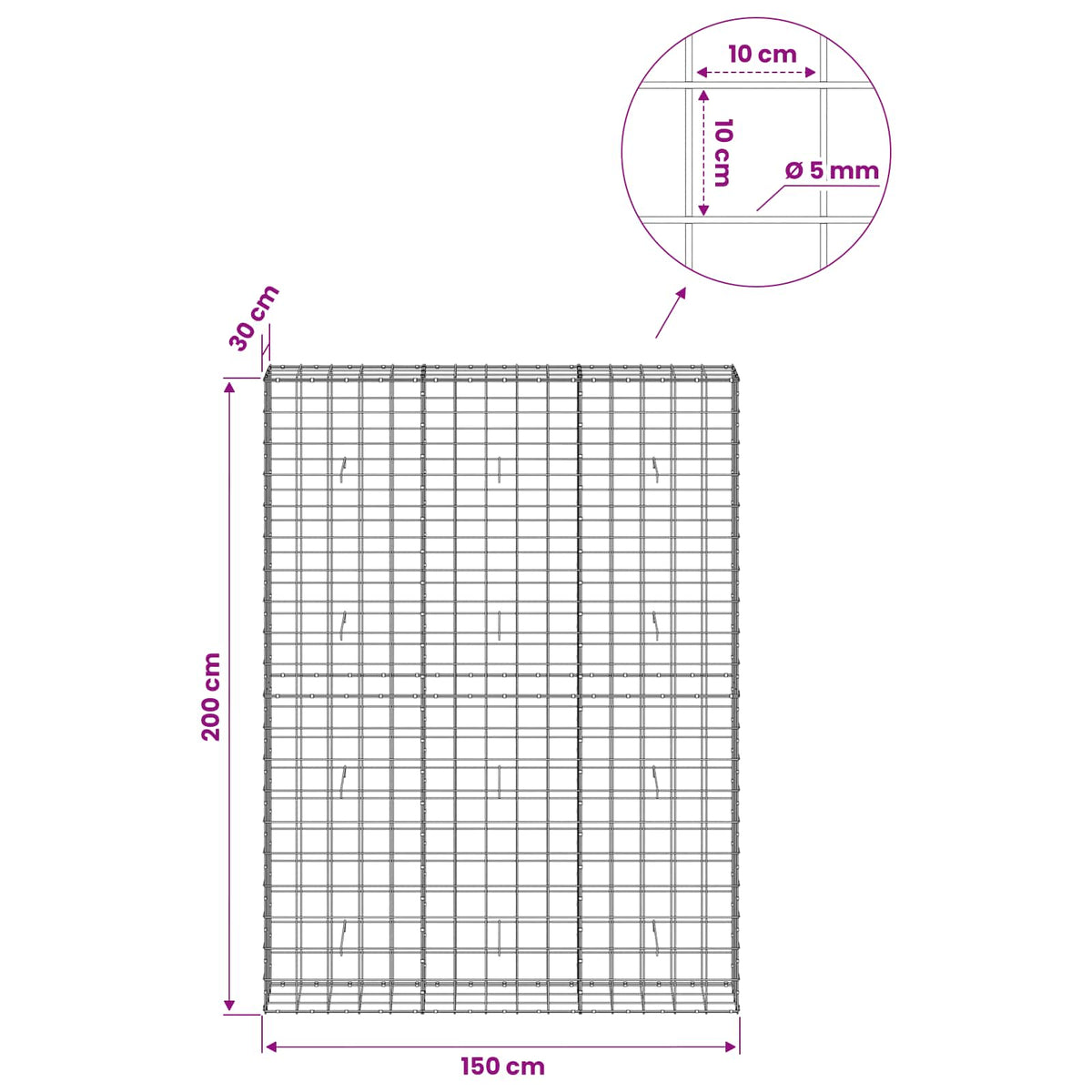 vidaXL Gabion with 5 mm Wire and 10x10 cm Mesh 150x30x200 cm 6