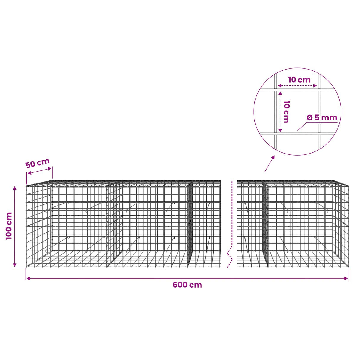 vidaXL Gabion with 5 mm Wire and 10x10 cm Mesh 600x50x100 cm 6