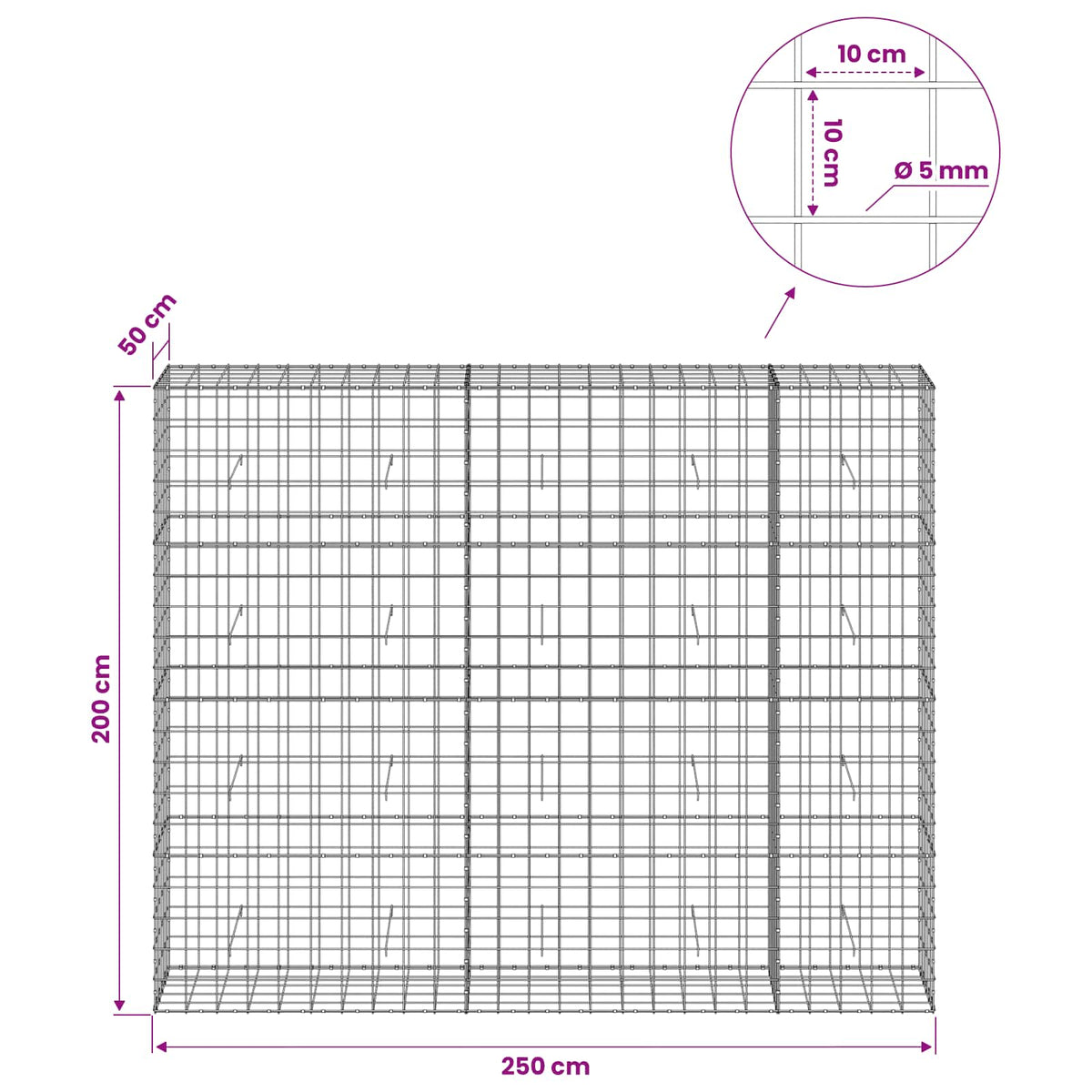 vidaXL Gabion with 5 mm Wire and 10x10 cm Mesh 250x50x200 cm 6