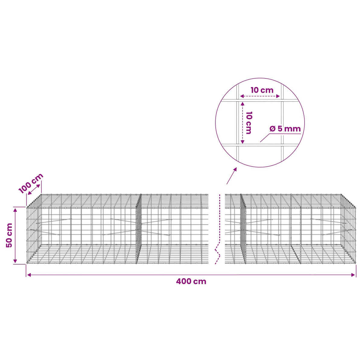 vidaXL Gabion with 5 mm Wire and 10x10 cm Mesh 400x100x50 cm 6