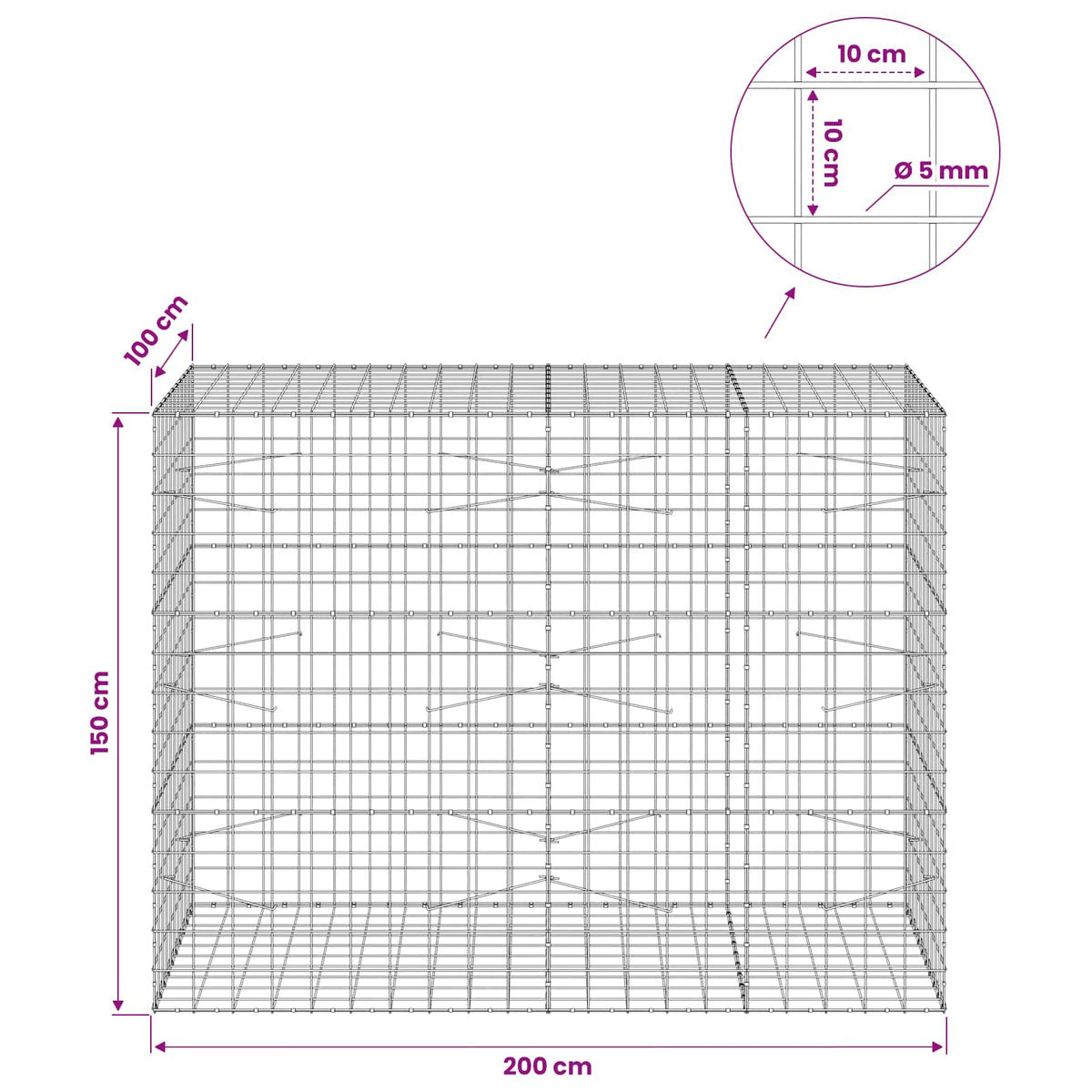 vidaXL Gabion with 5 mm Wire and 10x10 cm Mesh 200x100x150 cm 6
