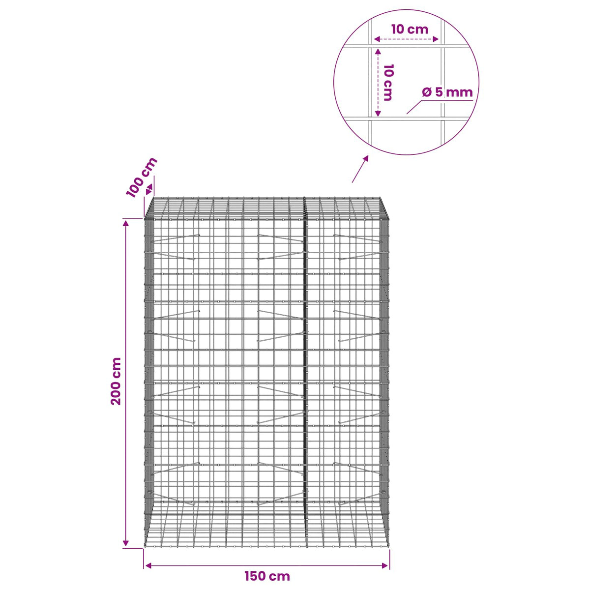 vidaXL Gabion with 5 mm Wire and 10x10 cm Mesh 150x100x200 cm 6