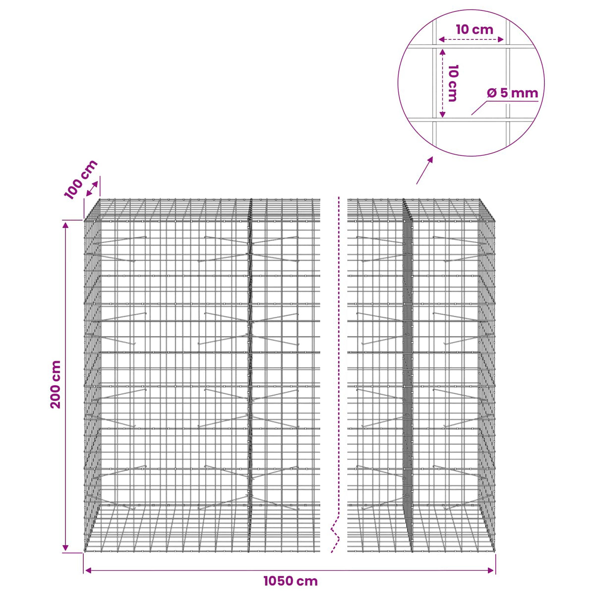 Gabion with 5 mm Wire and 10x10 cm Mesh 1050x100x200 cm 1050 cm
