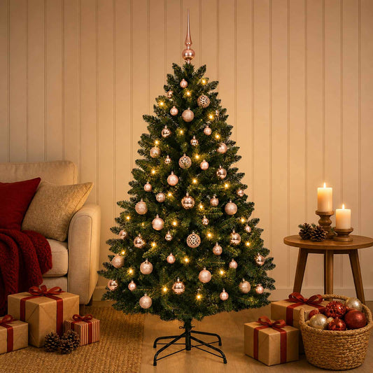Artificial Christmas Tree with Bauble 180 cm Dark Green Ø 90 x 180 cm with 300 LEDs&pink balls