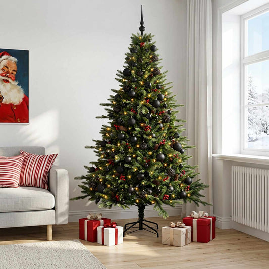 Artificial Christmas Tree with Bauble 300 LEDs Green 240 cm with LEDs & black balls