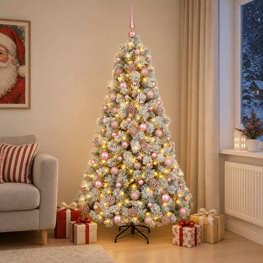Artificial Christmas Tree with Bauble 300 LEDs Green and White 180 cm with LEDs & pink balls