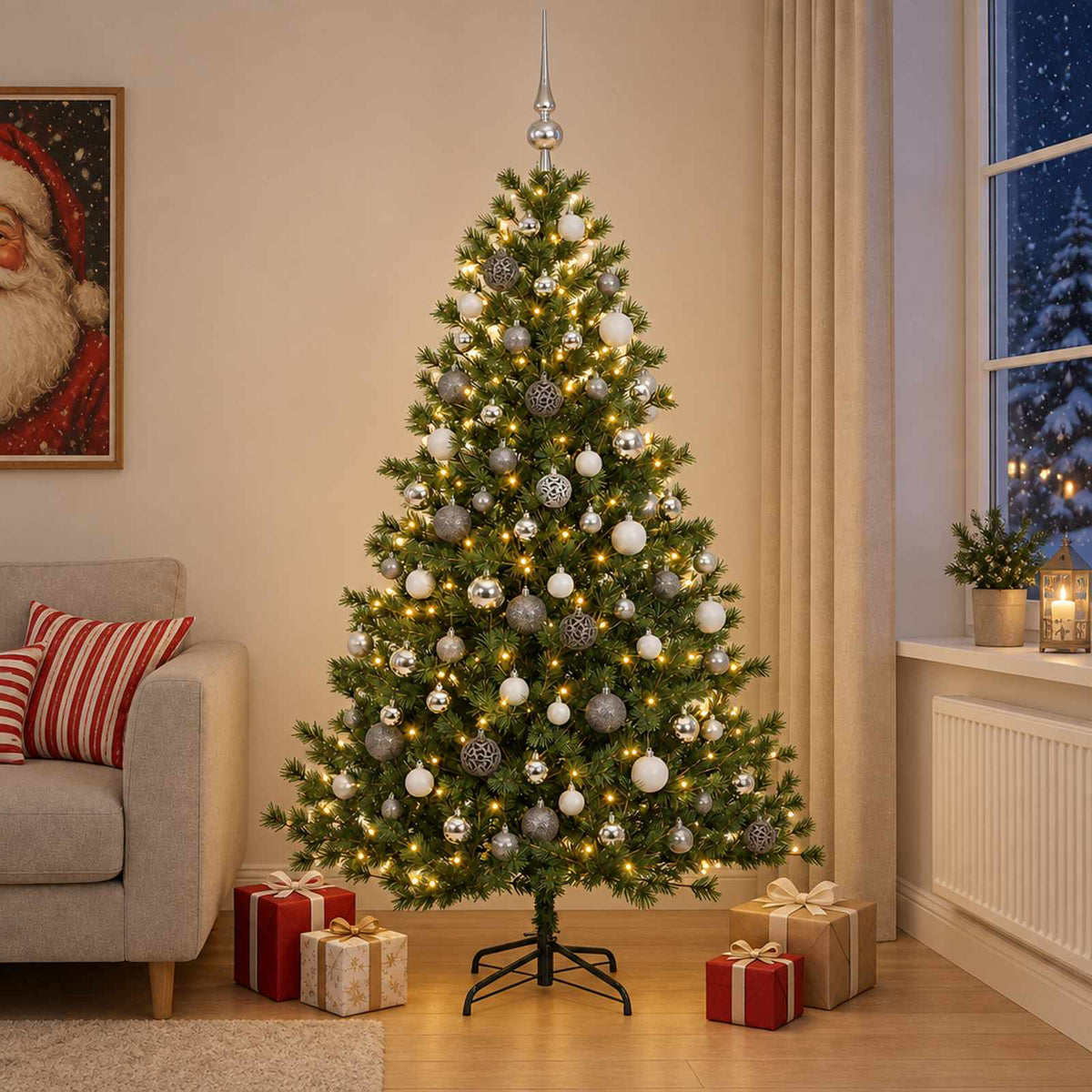 vidaXL Artificial Christmas Tree with Bauble 300 LEDs Height 180 cm