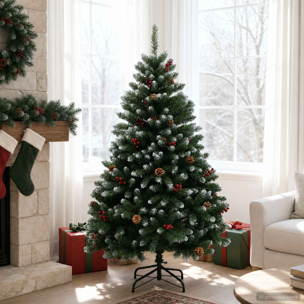 Artificial Christmas Tree Green with Bauble 150 cm 150 LEDs Green with Frosted Tips Ø 80 x 150 cm without LED