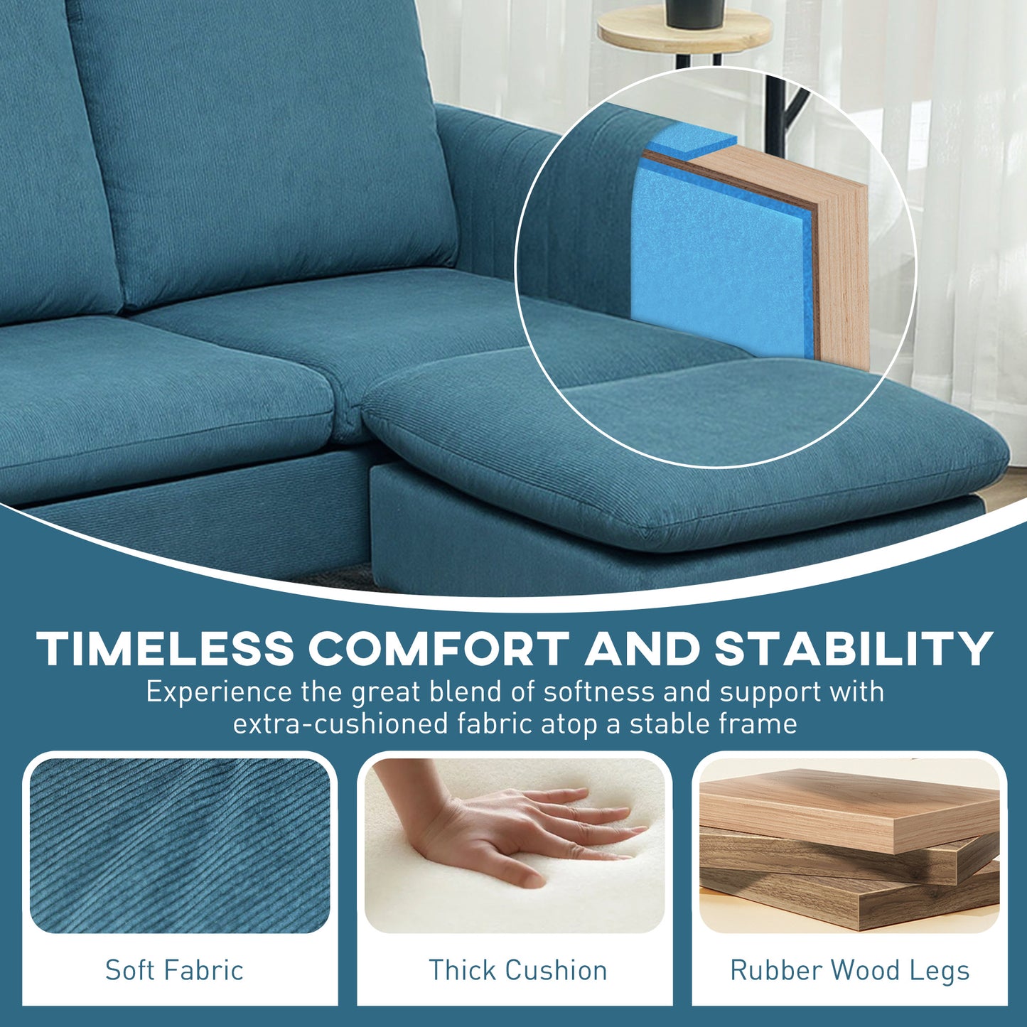 HOMCOM Fabric Sofa with Ottoman, Corduroy L-shaped Sofa Couch with Scatter Back, Reversible 3-Seater Chaise Lounge for Living Room, Home Office, Small Spaces, Blue
