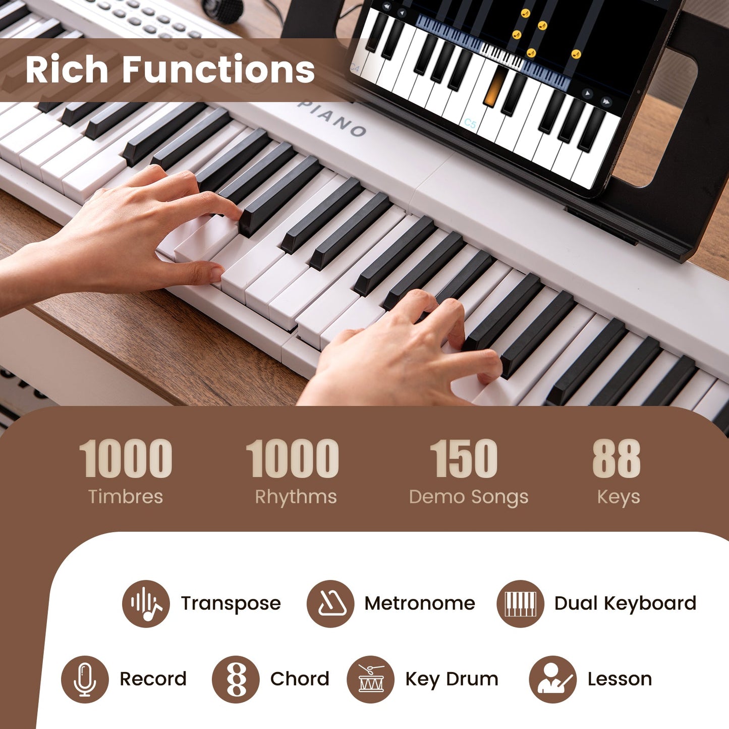 88 Key Foldable Electric Keyboard Piano for Kids Adults Beginners-White