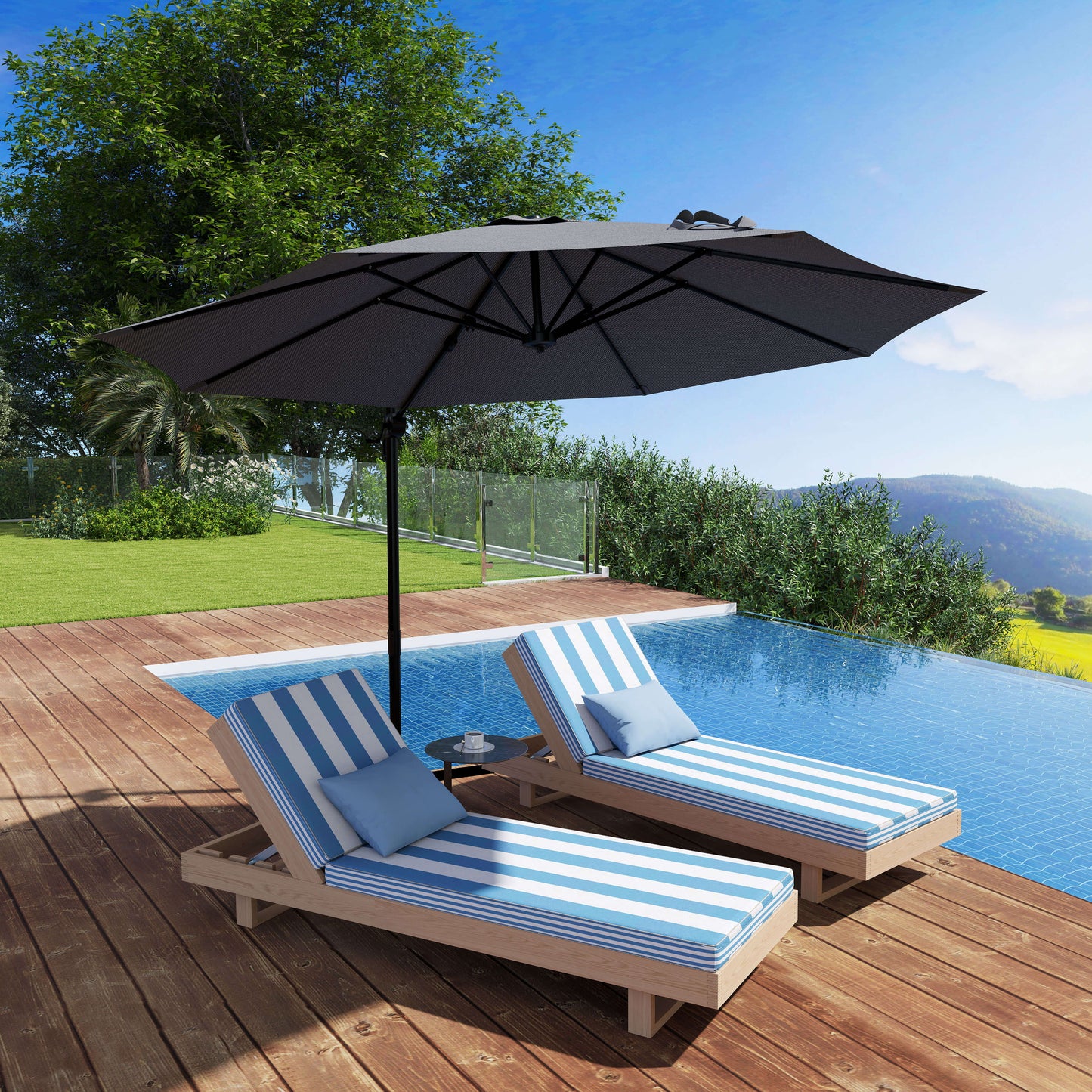 Outsunny 3(m) Parasol wiszący z wysięgnikiem, obrotowy 360° z podstawą w kolorze ciemnoszarym