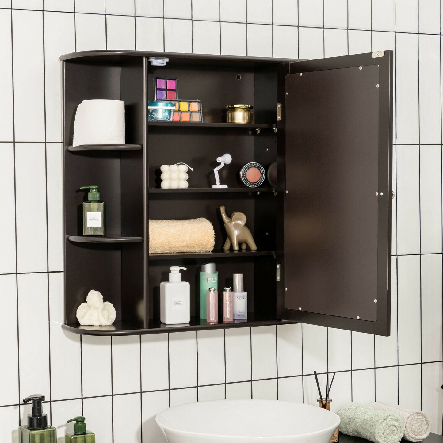 3-Tier Mirrored Wall Mounted Bathroom Cabinet-Brown