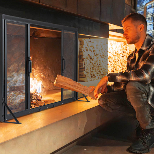 89 x 72 cm Metal Fireplace Screen with Sliding Doors