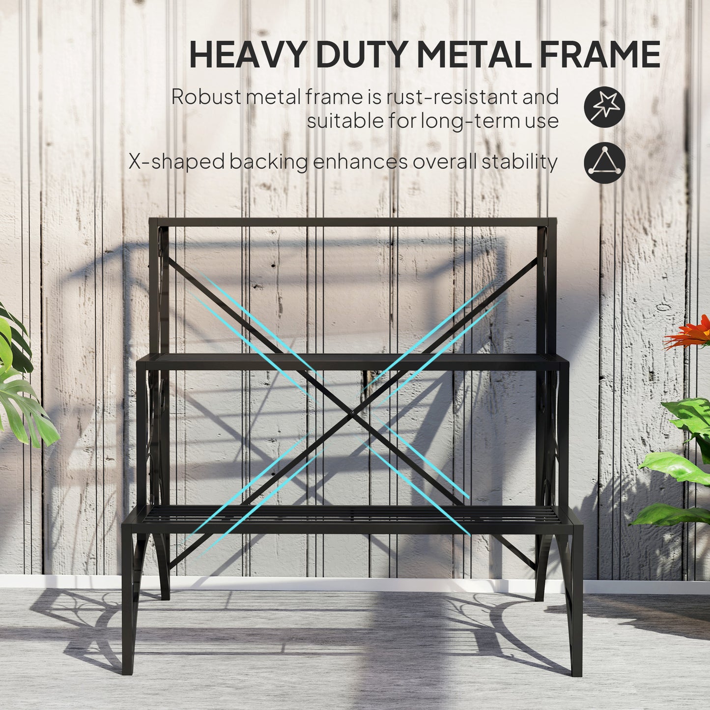 Outsunny Trójpoziomowy metalowy stojak na rośliny – czarny