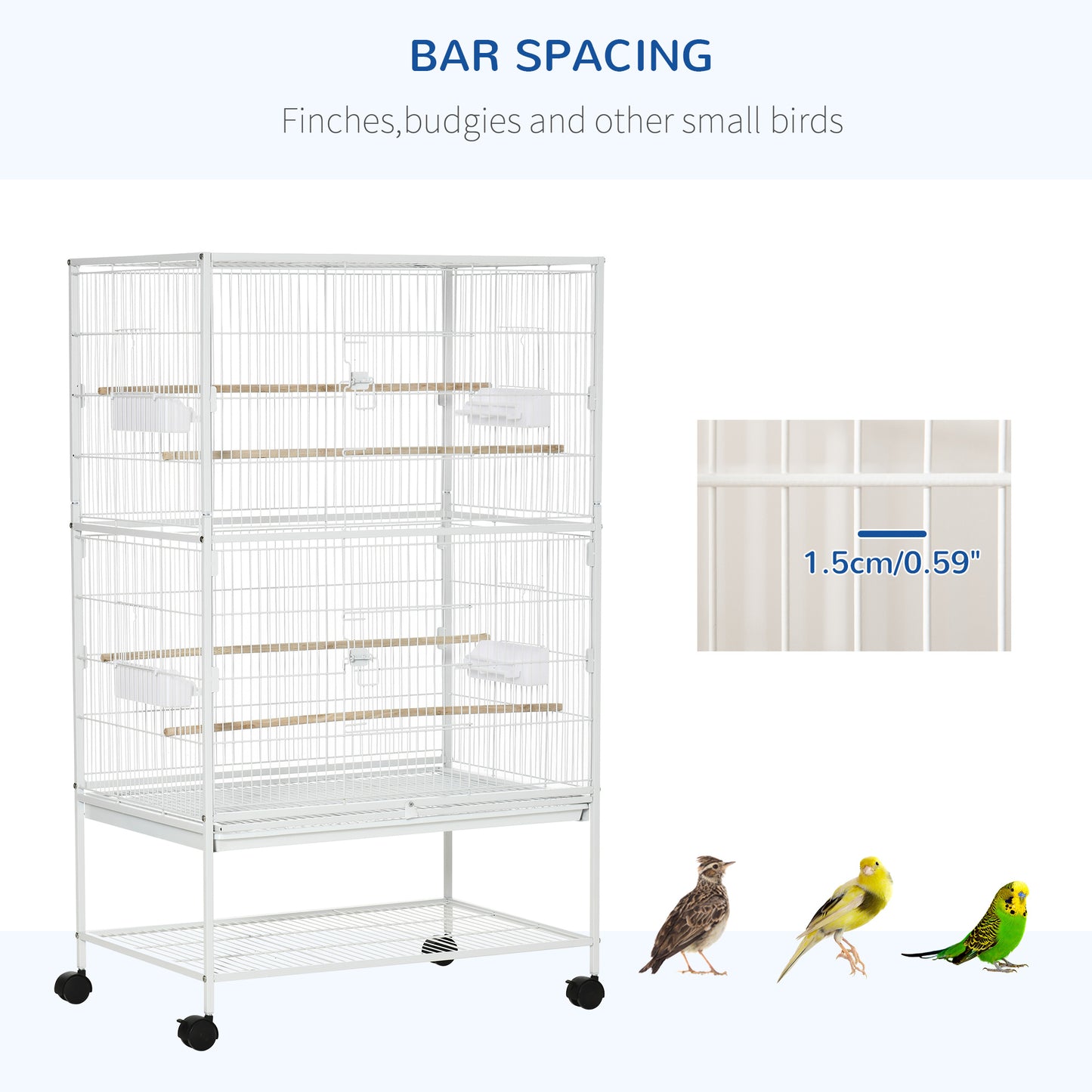 PawHut Duża klatka dla ptaków Budgie Cage dla Finch Kanarki Papużki z ruchomym stojakiem, wysuwaną tacą, półką do przechowywania, pojemnikami na żywność, biała