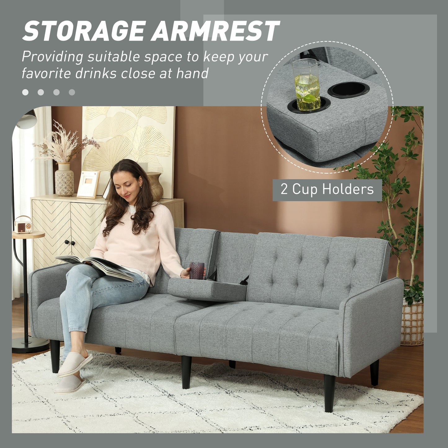 HOMCOM Upholstered Click Clack Sofa Bed, Linen-Feel 3 Seater Sofa Bed with Storage and Cupholders, Light Grey