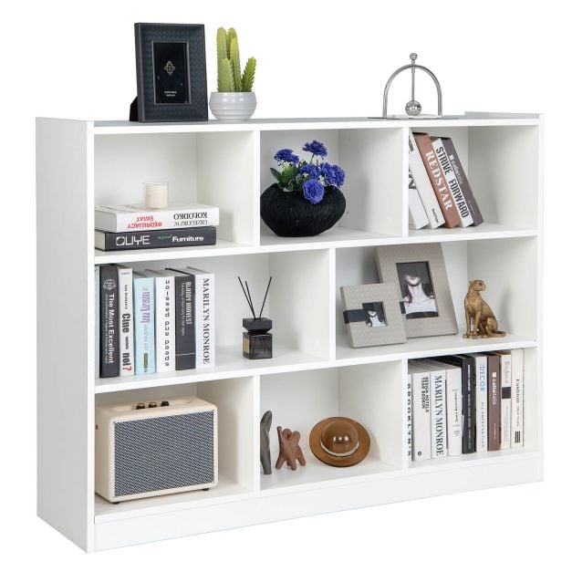 3-Tier Open Bookshelf Storage Cabinet with 8 Cubies-White