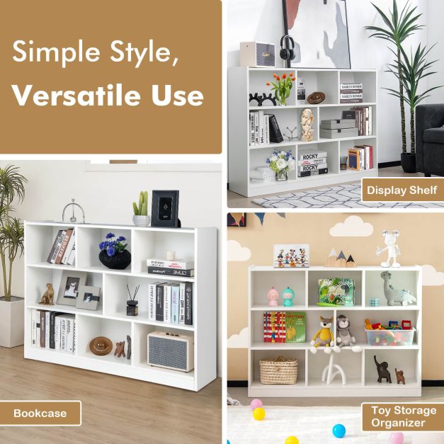 3-Tier Open Bookshelf Storage Cabinet with 8 Cubies-White
