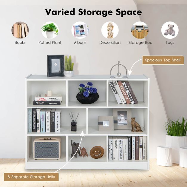 3-Tier Open Bookshelf Storage Cabinet with 8 Cubies-White