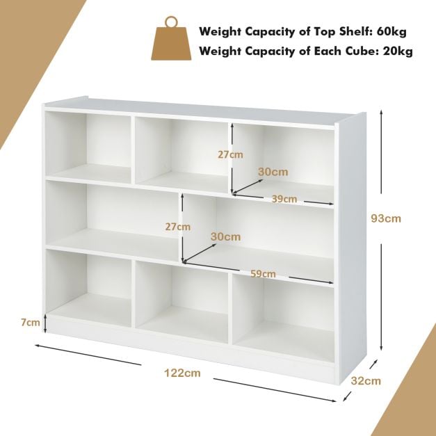 3-Tier Open Bookshelf Storage Cabinet with 8 Cubies-White