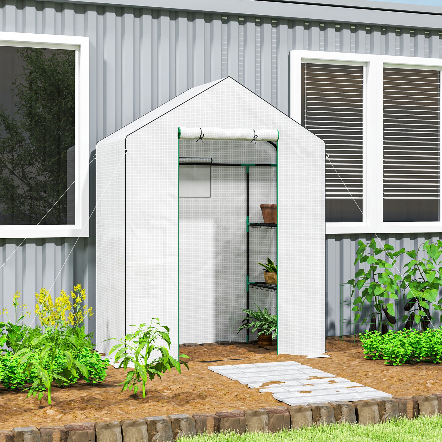 Outsunny 143 x 74cm Walk-In Greenhouse z półkami - biały