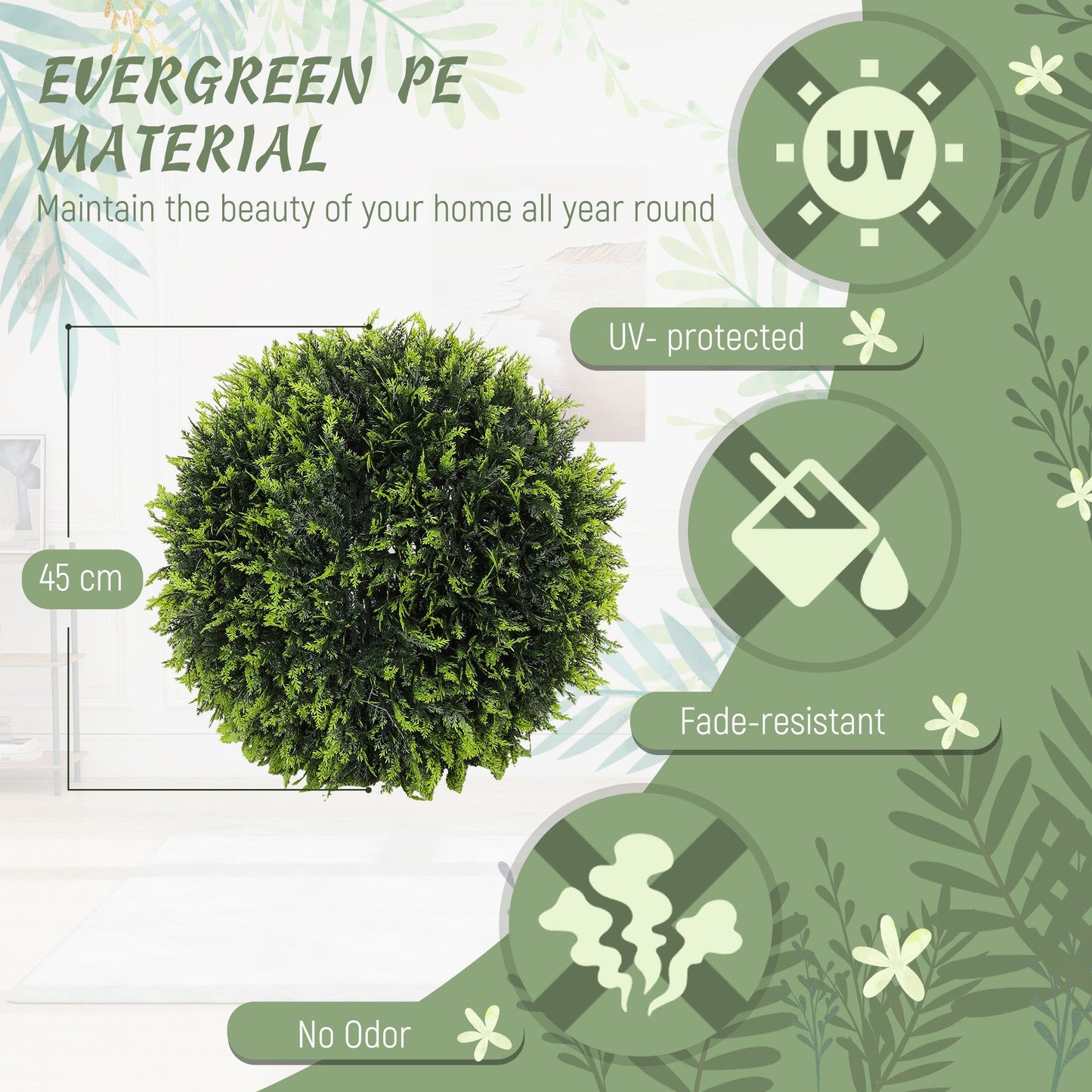 HOMCOM Zestaw 2 sztucznych roślin Topiary Balls, sztuczne rośliny dekoracyjne z ochroną UV, sztuczne rośliny do dekoracji wnętrz i na zewnątrz, 45 cm, zielony