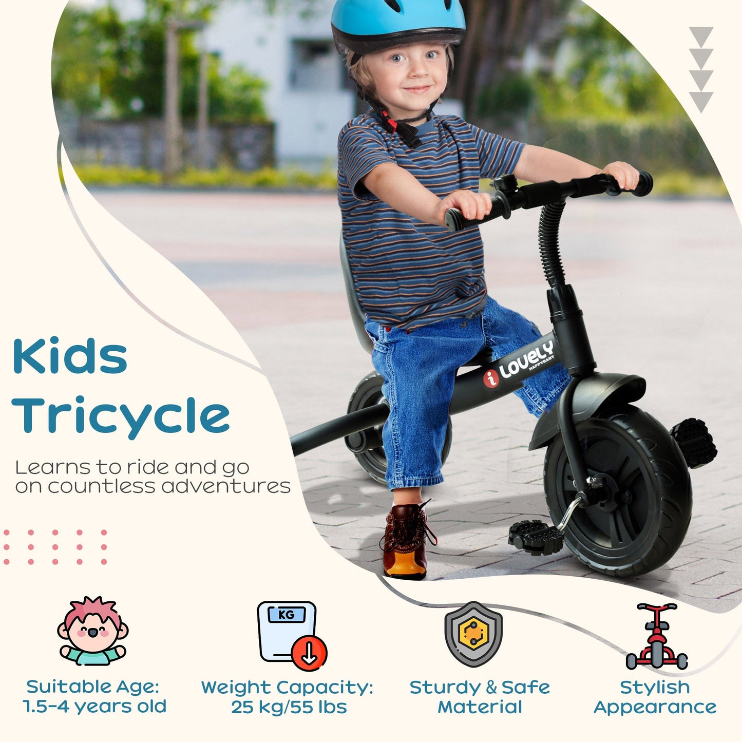 HOMCOM Kids Trike Toddler Tricycle Dziecięcy rower trójkołowy na 3 kółkach dla dzieci w wieku 1,5 - 4 lat, czarny