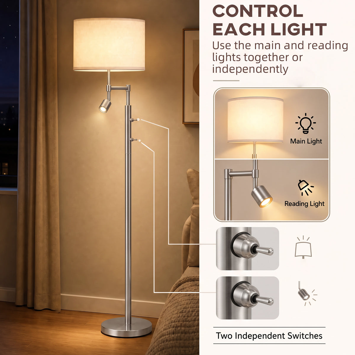 HOMCOM Modern Floor Lamp with Built-In Reading Light, Standing Lamp with Independent Switch, Satin Nickel