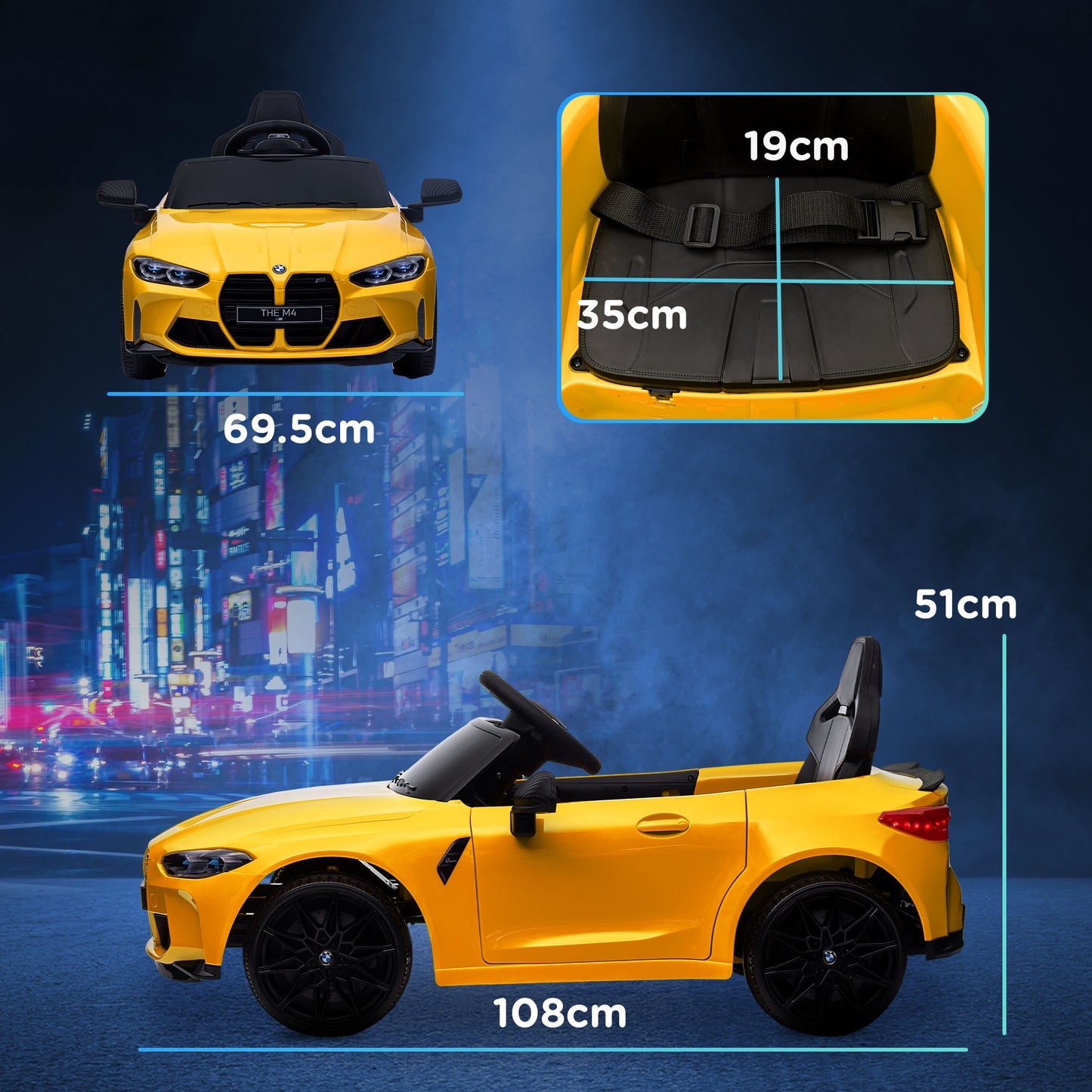 AIYAPLAY 12V BMW M4 Licencjonowany samochód dla dzieci z łatwym transportem, pilotem, zawieszeniem, muzyką, klaksonem, światłami LED, żółty