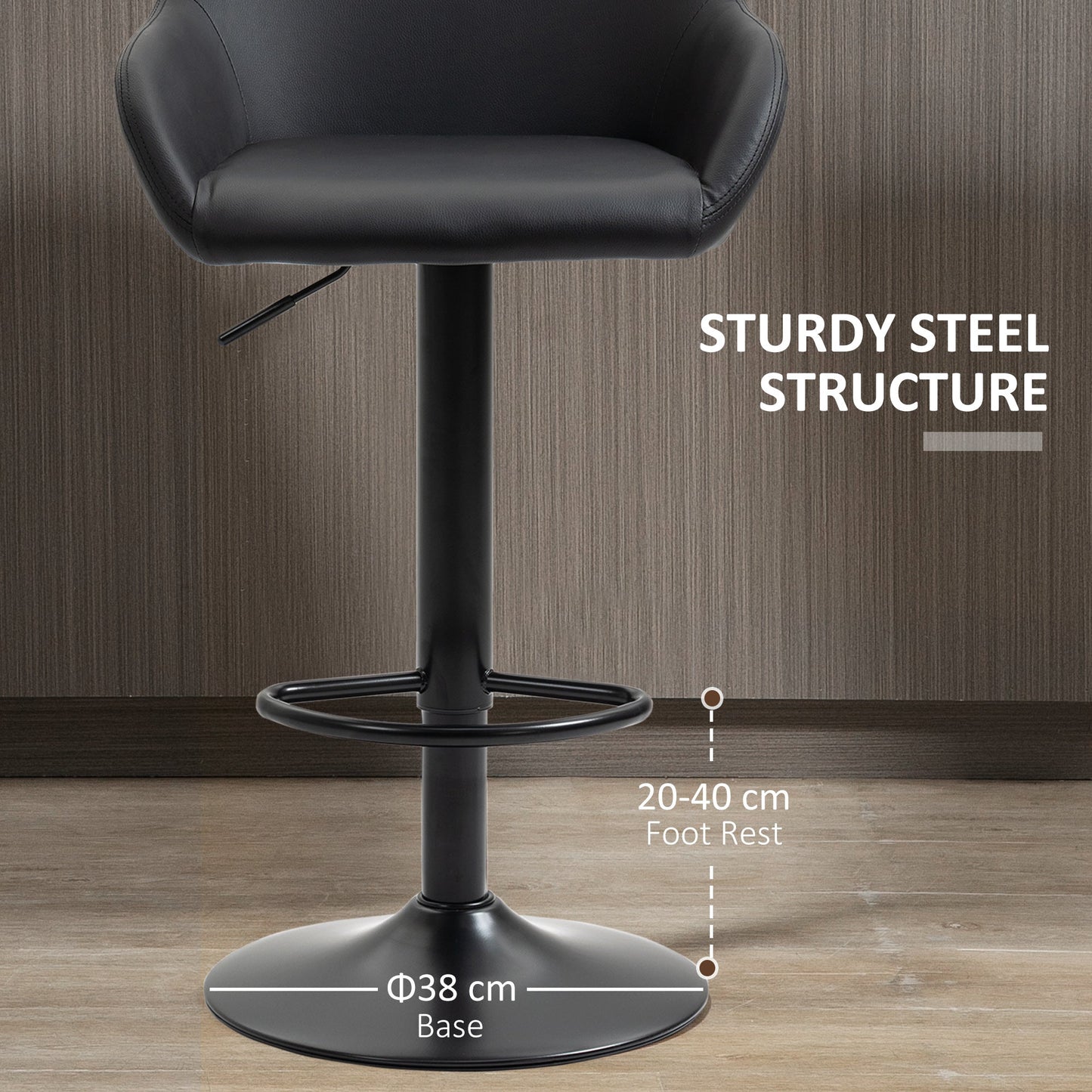 HOMCOM Adjustable Bar Stools Set of 2, Swivel Barstools with Footrest and Backrest, PU Leather and Steel Base, for Kitchen Counter and Dining Room, Black