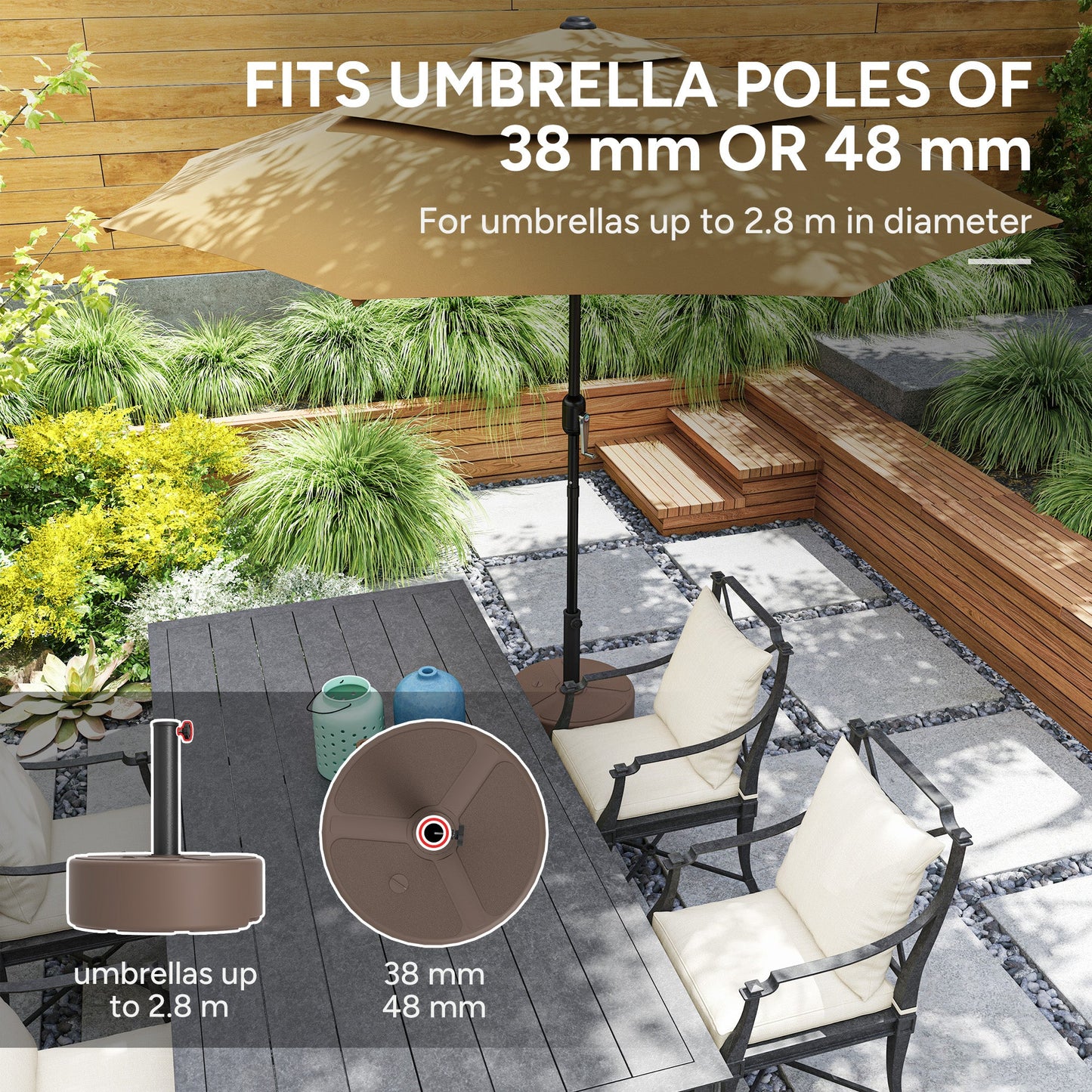 Outsunny Round Garden Parasol Base, Garden Umbrella Stand Heavy Duty Parasol Base, Filled Up to 20kg with Stand or 18kg with Water for 38, 48 mm Poles, Black