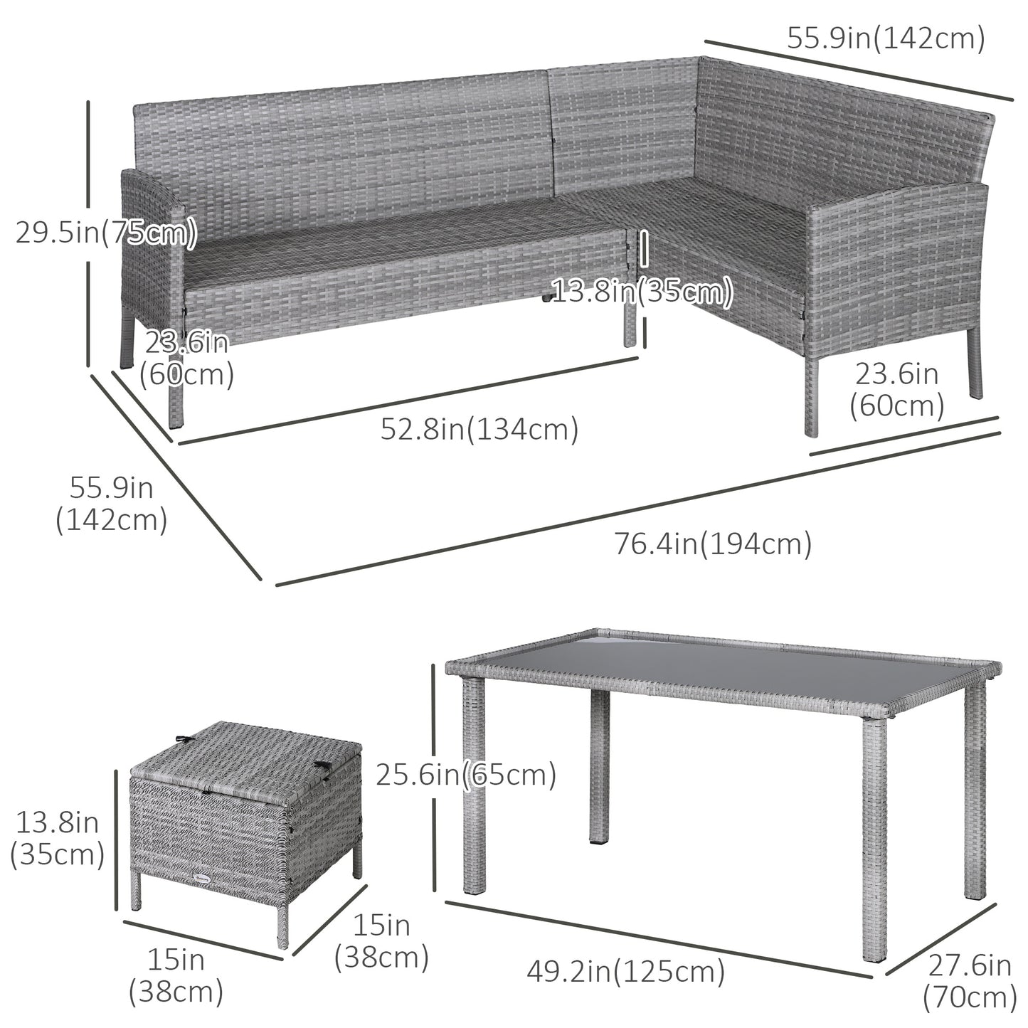 Outsunny 6-osobowy zestaw jadalny z rattanu, sofa, stół, podnóżek, meble ogrodowe z poduszką