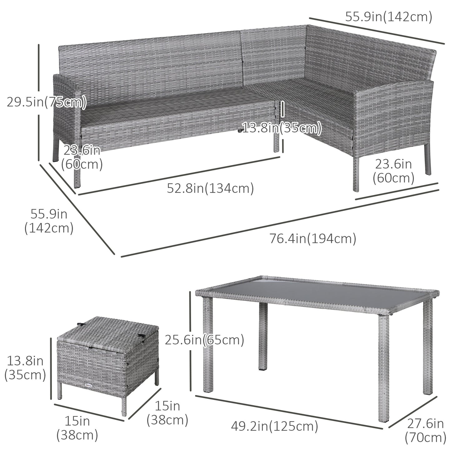 Outsunny 6-osobowy zestaw jadalny z rattanu, sofa, stół, podnóżek, meble ogrodowe z poduszką