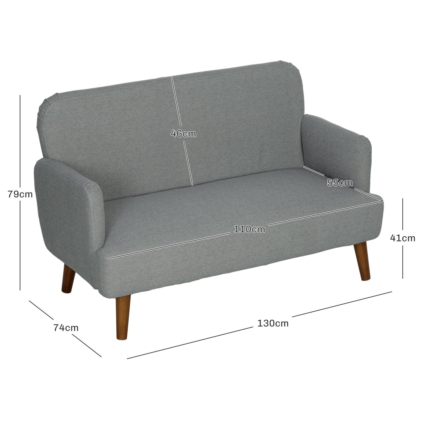 HOMCOM Sofa dwuosobowa z tkaniny Velvet Feel, mała sofa dwuosobowa z wypełnieniem o grubości 21 cm i drewnianymi nogami, szara