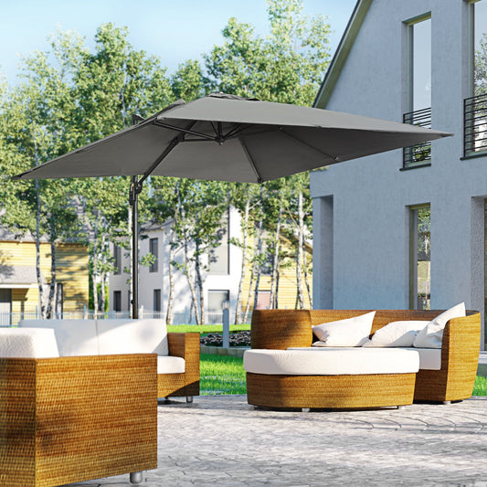 Outsunny 2.7 x 2.7 m Cantilever Parasol, Square Overhanging Umbrella with Cross Base, Crank Handle, Tilt, 360 Rotation and Aluminium Frame, Dark Grey